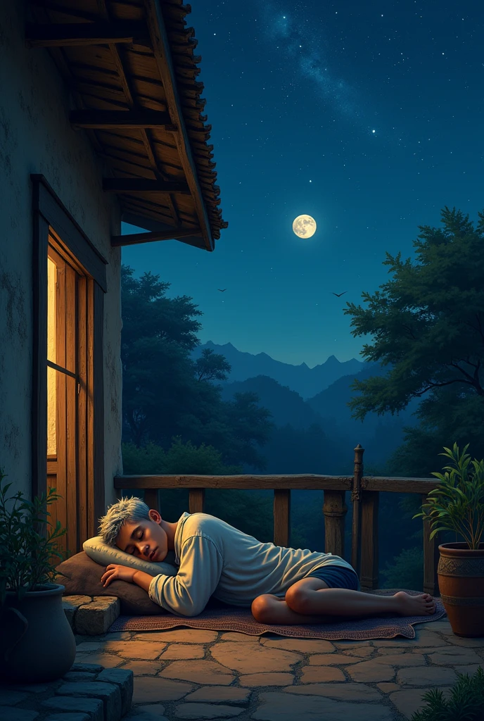 Adult boy sleeping at village home terrace with their grandfather without any lights