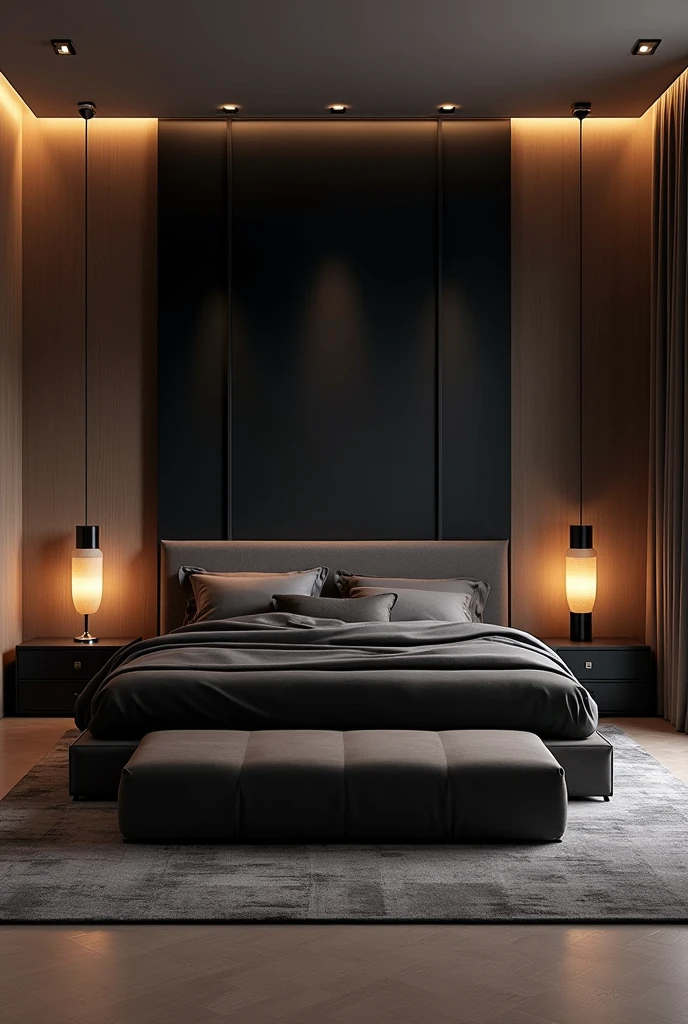 Ultra modern bedroom in 2024 with a black background for a classy man