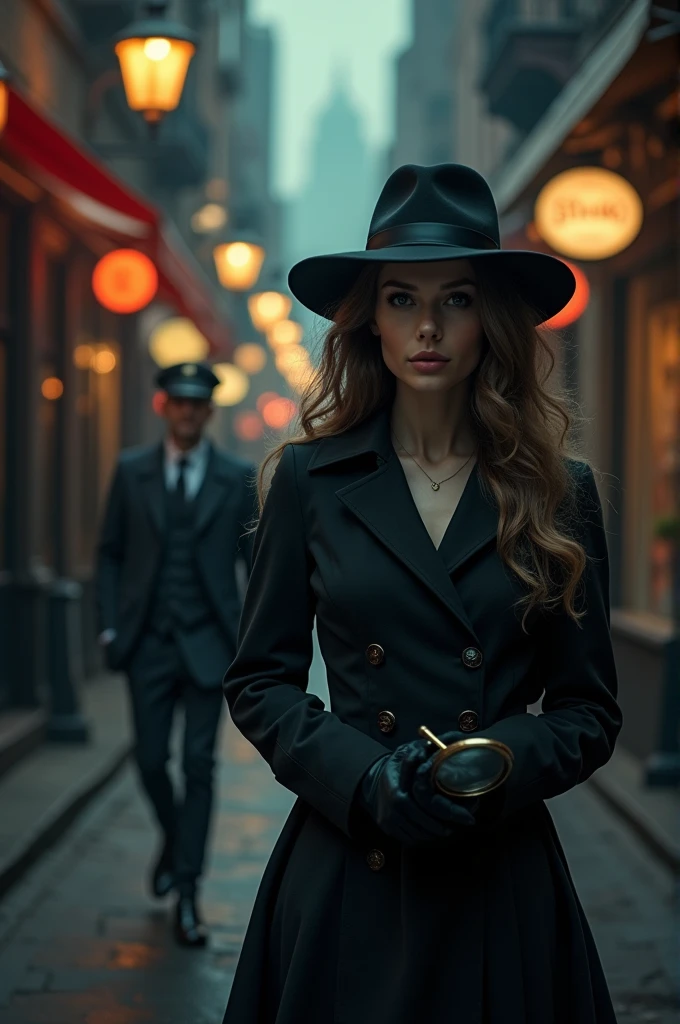 thin woman. long curly hair ,pale ,dressed as a detective,with a magnifying glass in her hand being chased by a very attractive man who watches her from afar