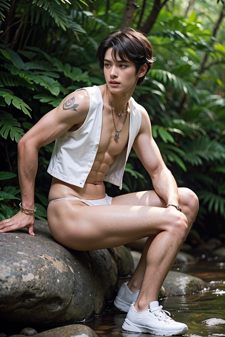 Violet eyes, monolid eyes, Short hair, Black hair, Fringe curly haircut, a young boy, gentle eyes, normal face, handsome boy, bright color, and he is a royal prince. Leaning against rock and wearing (Thong) with necklace and bracelet, with small tattoo on his navel down and leg, forest background, muscular and slim, abs, sexy and fully nude, sexy, wearing open vest and shoes, side view, open sunlight