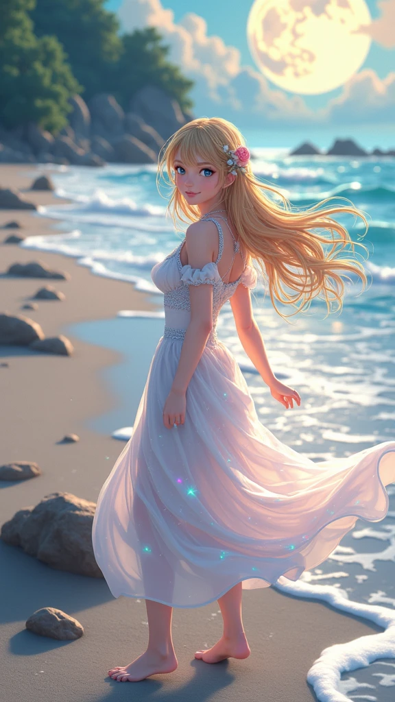 (masterpiece、Highest quality、8k、High resolution)、(The best beautiful girl)、Best Style、(The most beautiful face)、Clear skin、Clean blue eyes、Beautiful lips、smile、Beautiful white upper teeth、Beautiful nose、Blonde Hair、Ample breasts、Walking on the sand、look back、Ocean、You can see the forest、A bright night with stars visible、Beautiful starry sky、full moon、milky way、(体whole bodyから神秘的な光の粒子、Colorful Light)、(jewelry、necklace)、dress、(whole body)、Highly detailed anime art、A complete portrayal、Detailed CG、