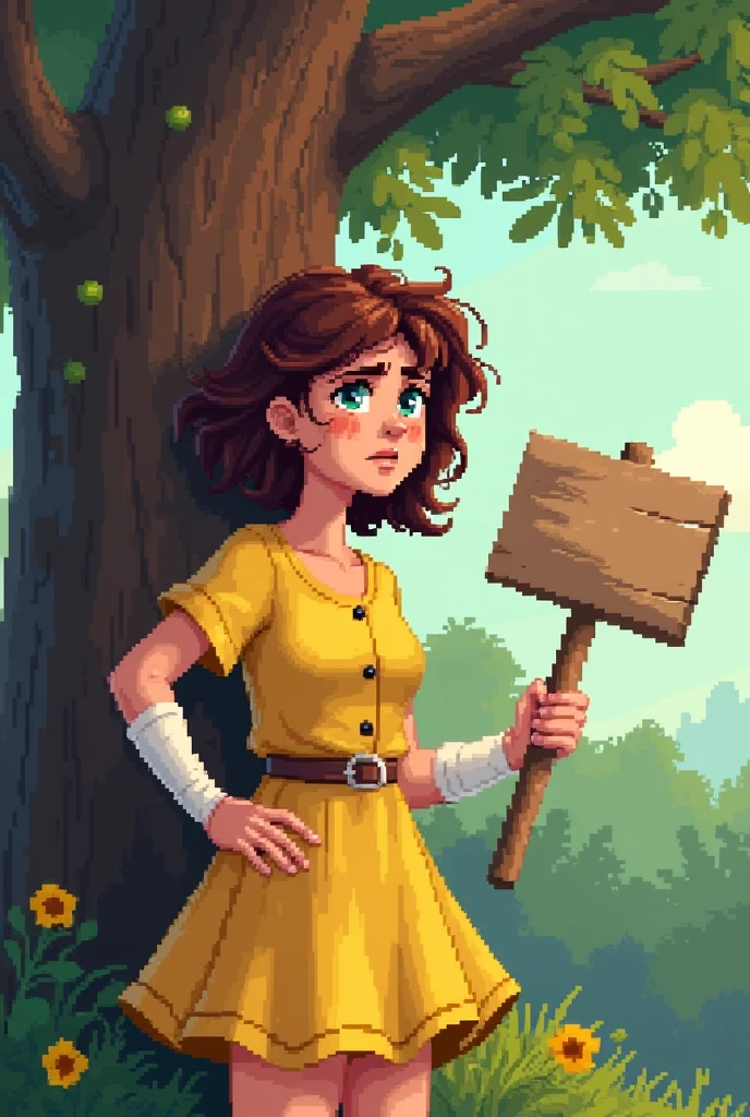 create a pixel art image of a brown haired woman, yellow dress and white leg warmers: The girl is hiding behind a tree with a board in her hand and a little angry and with dirt MAKE HER AT LEAST 50 YEARS OLD