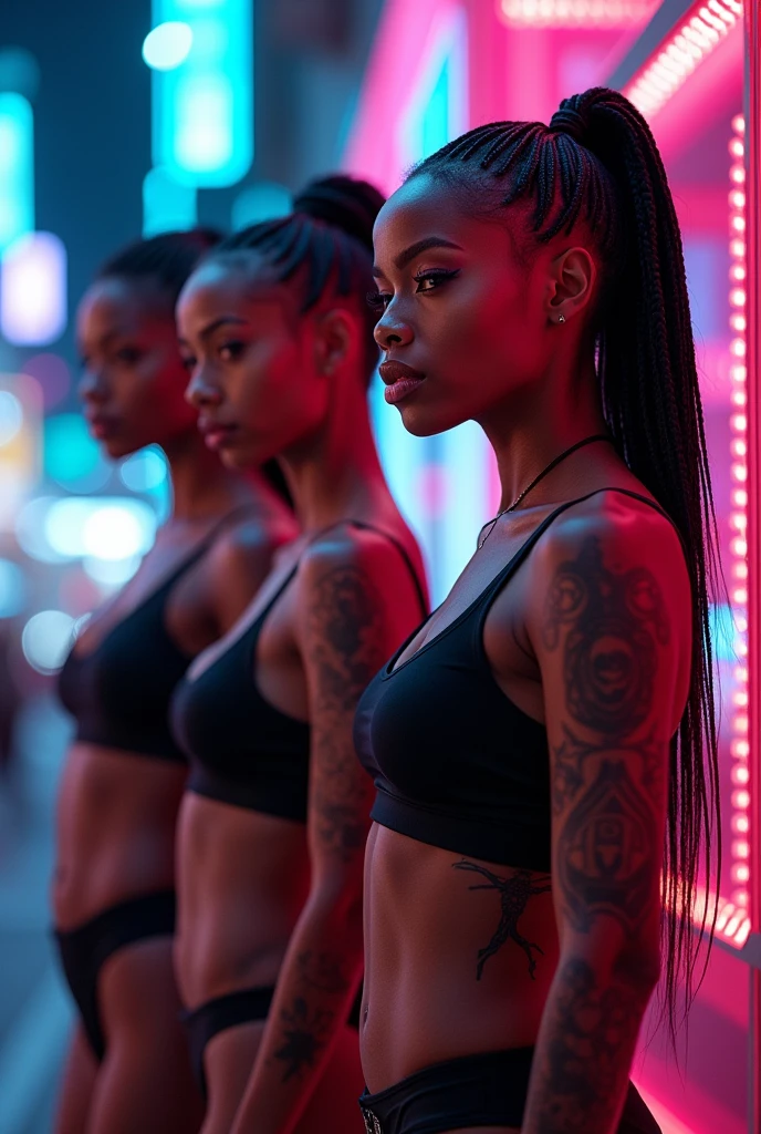 photorealistic photography of three beautiful black women (naked, defined athletic bodies, without clothes) (cyberpunk tattoos, sensual poses). high detail, 8K, Ultra-realism, Dolby Vision, Raytracing, fine details, ultra-detailed, Canon EOS 7.