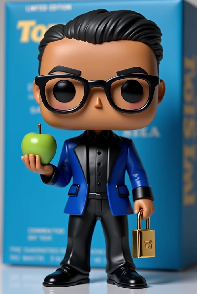 Create a Funko pop of a man with short hair on the sides, black frame glasses, Black long-sleeved shirt with a high collar and a royal blue blazer with a black lapel, black pants, With the padlock in his hand he must have a green apple and an open laptop. The Funko must be presented outside of a blue box. "limited edition, that bears the name Tony Silva The box must allow the visualization of the Funko, Typography, The rendering must be in 3D with a photography studio background