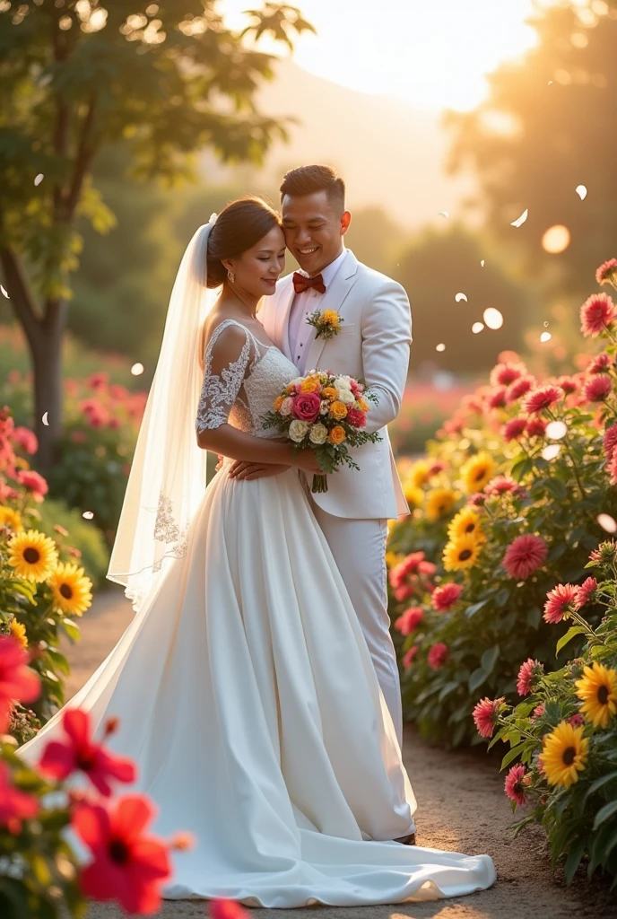 Real pinoy couple wearing wedding gown face here look in image with back ground arounding flowers