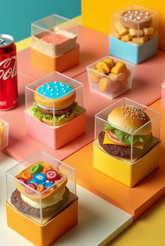 Créer moi une marque de nourriture qui s'appelle : Smart-food, ils proposent des nouritures de fast food livré dans une boite en plastique transparent, la boite edt un carré avec des bords arrondis et une ouverture,, la nourriture doit être Géométrique, avoir des formes carrés, comme un burger et des frited carrés, un coca cola carré, des nuggets carré, et un McFlurry carré, a bord arrondis
