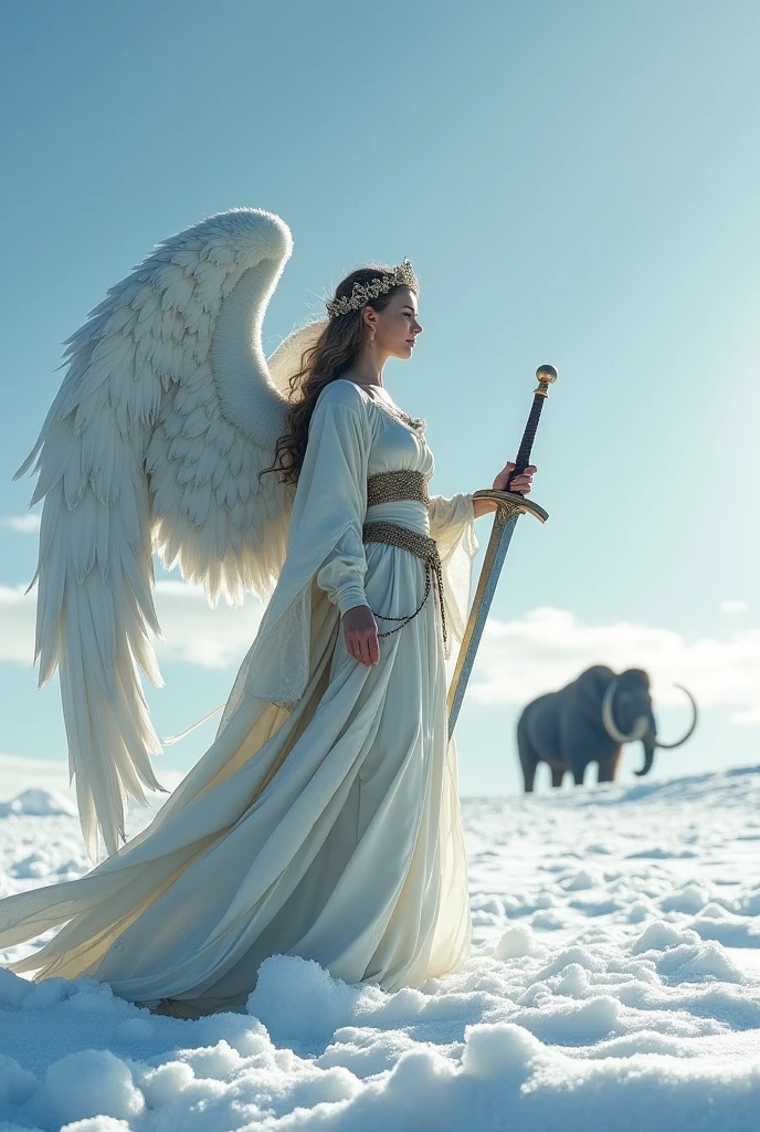 A beautiful angel standing on a snowy field during the Ice Age, whole body, Holding a sword, Daytime, whole body, Mammoth in the distance