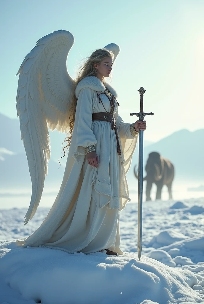 A beautiful angel standing on a snowy field during the Ice Age, whole body, Holding a sword, Daytime, whole body, Mammoth in the distance