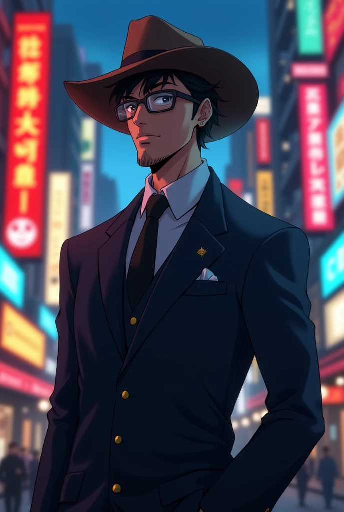 criminologist character with elegant suit and a rancher hat anime man