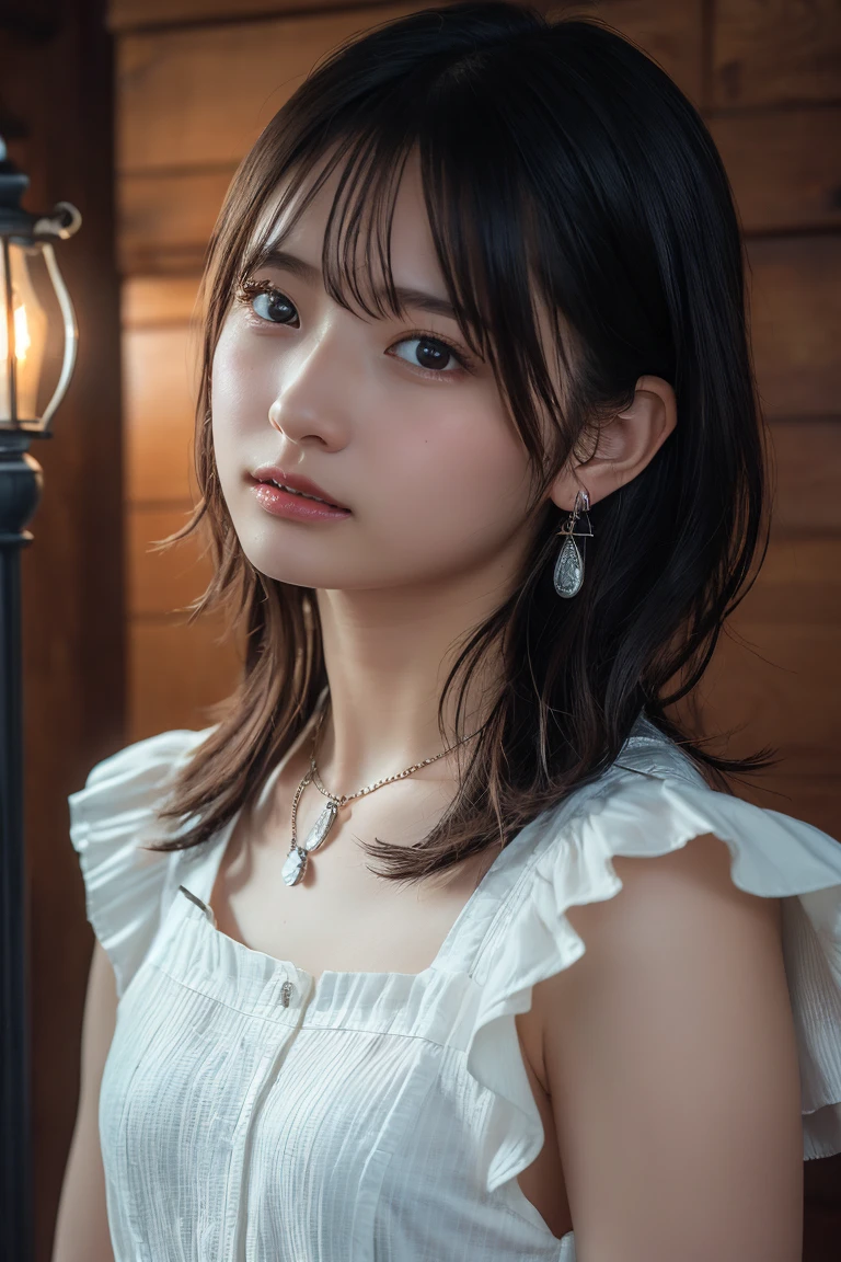 (Highest quality:1.4)，(masterpiece:1.4)，(Realistic:1.4)，(Realistic:1.2)，(超High resolution， RAW Photos:1.4)，(High resolution， Ultra-detailed:1.2)，(8k:1.2)，View your viewers，Cinematic photography，One person，skeletally correct，Black-haired woman，Woman in her early 20s，(Small earrings，necklace，Ruffled frill collar dress)，（Western-style building interior，Dimly lit room，The lamplight shines on my cheeks）