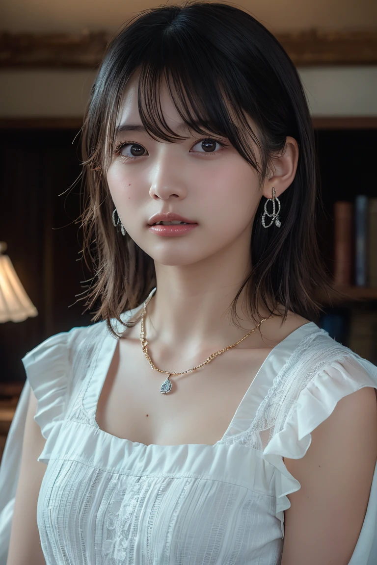 (Highest quality:1.4)，(masterpiece:1.4)，(Realistic:1.4)，(Realistic:1.2)，(超High resolution， RAW Photos:1.4)，(High resolution， Ultra-detailed:1.2)，(8k:1.2)，View your viewers，Cinematic photography，One person，skeletally correct，Black-haired woman，Woman in her early 20s，(Small earrings，necklace，Ruffled frill collar dress)，（Western-style building interior，Dimly lit room，The lamplight shines on my cheeks）