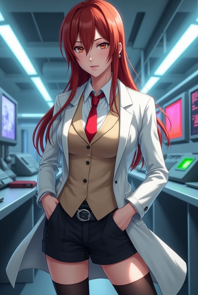 Create a 3D image of Kurisu Makise, the brilliant scientist from Steins;Gate. She has long, straight auburn hair that reaches just past her shoulders, with a few strands falling over her face, framing her intelligent and slightly serious expression. Her eyes are sharp and focused, reflecting her analytical mind. Kurisu wears her signature outfit: a white lab coat draped over a beige blazer, a white shirt with a red tie, black shorts, and thigh-high black stockings. She also has a black belt with a silver buckle and a loose, red tie. The background is a modern, high-tech laboratory filled with computers, scientific equipment, and glowing screens, creating an atmosphere of innovation and discovery. The lighting highlights her calm demeanor, emphasizing her role as a key figure in scientific research.