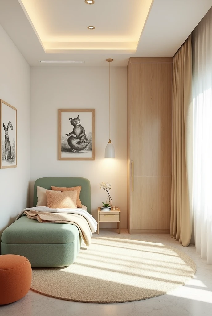 Professional 3d architecture rendering design of modern and light moss and so light Thunder and light cream and light orange and wooden Modern and minimal design for chid bedroom and light cream carpet with animals painting and white painting wall and light wooden closet with animals painting and modern ceiling lighting and modern curtains for chid room and the child bed similar globe and safety chair for chid and cozy carpet