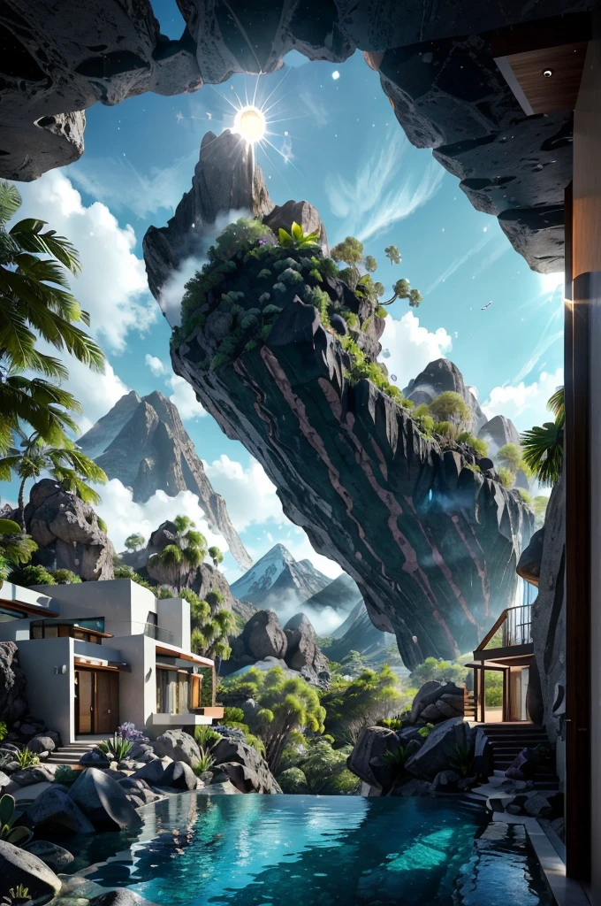 small and beautiful modern house in top of big boulders, terraces, pool, stairs, multiple cacti gardens, palms, trees, rocks, beautiful landscape design, mountains and volcano y background, amazing clouds, sun, moon, planets, milky way galaxy, concrete, wood, glass and steel materials, olive green, violet, orange and withe colors in facade