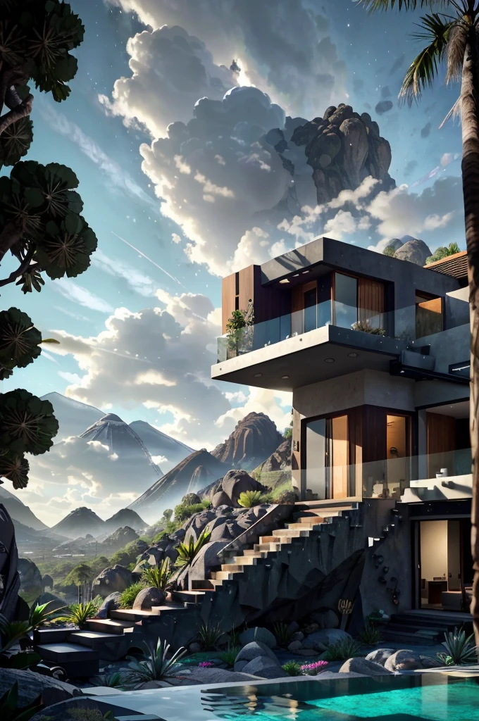 small and beautiful modern house in top of big boulders, terraces, pool, stairs, multiple cacti gardens, palms, trees, rocks, beautiful landscape design, mountains and volcano y background, amazing clouds, sun, moon, planets, milky way galaxy, concrete, wood, glass and steel materials, olive green, violet, orange and withe colors in facade