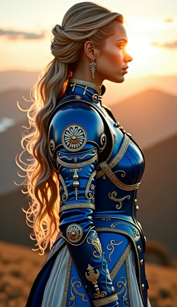 A woman in blue armor and white,Beautiful details,Best quality,panoramic