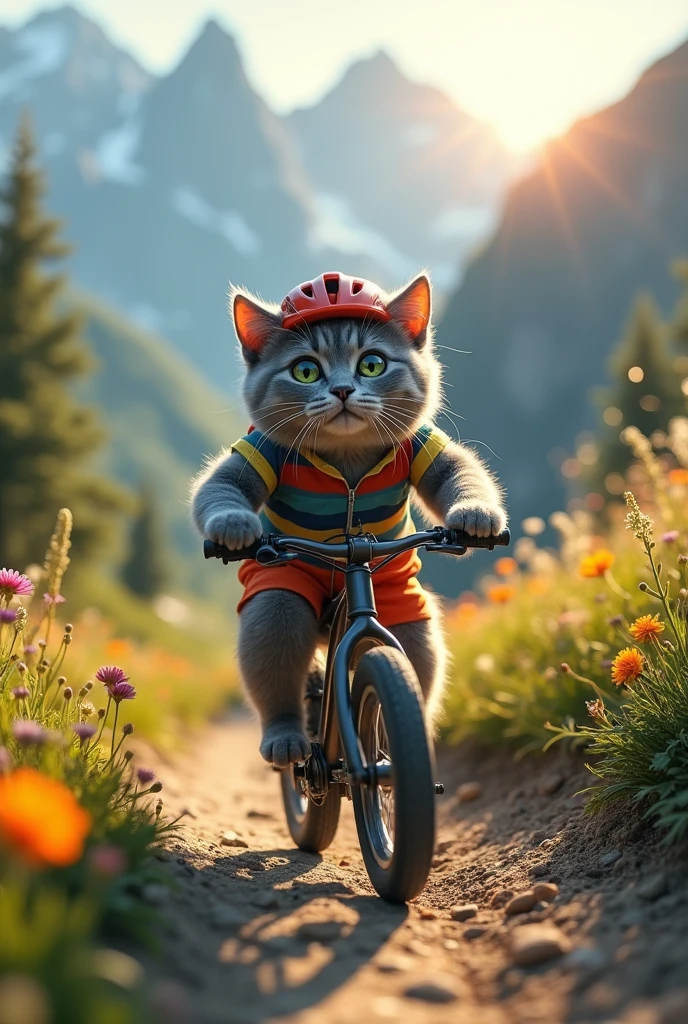 Generates a realistic fat cat of the Russian Blue breed that rides a bicycle dressed as a cyclist down the mountain, going very far down the hill