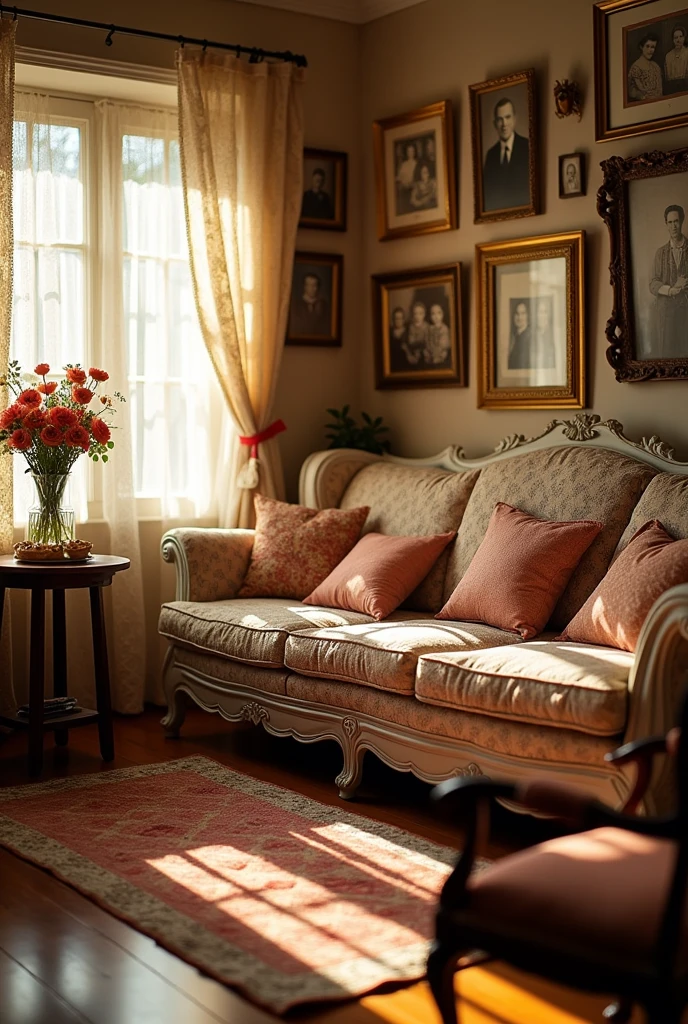 Living room details very grandparents vibes with couch very detailed
