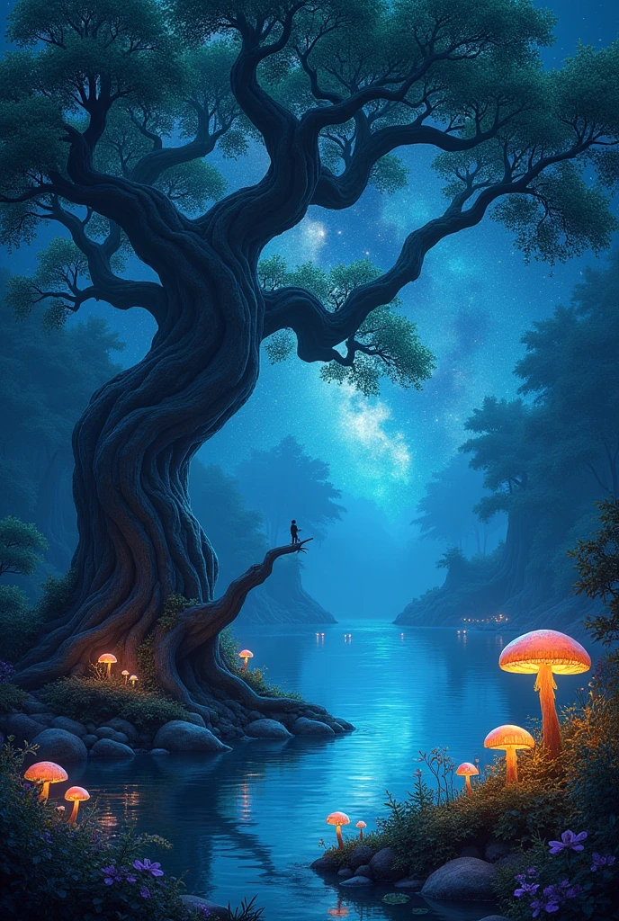 An ancient, enchanted forest bathed in the soft glow of bioluminescent plants and shimmering mushrooms. In the heart of the forest, a crystal-clear lake reflects the starry night sky, with constellations morphing into mythical creatures. Above the lake, a colossal tree with glowing, twisted roots rises, its branches reaching out like the arms of a guardian. Ethereal orbs of light float gently around the tree, casting a serene, otherworldly glow across the water. The scene is silent, yet it pulse