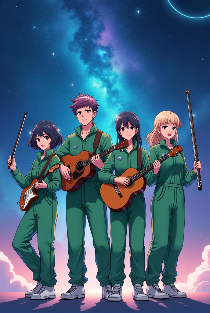 Anime style refreshing men and women wearing green long sleeved casual jumpsuits background space holding musical instruments in hands