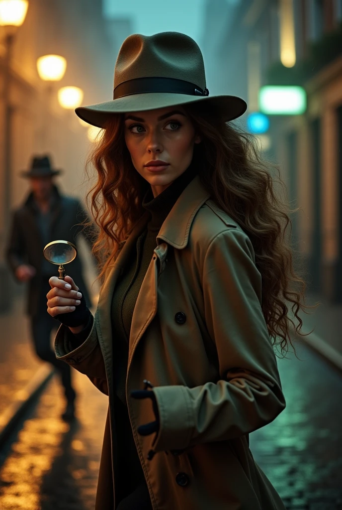 thin woman. long curly hair ,pale ,dressed as a detective,with a magnifying glass in her hand being chased by a very attractive man