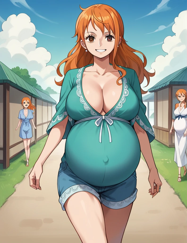 score_9, score_8_up, score_7_up, source_anime, best quality, clear face, 1girl, nami, NAAmi, orange hair, blue eyes, large breasts, lace robe, maternity robe, shorts, cleavage, smile, looking at viewer, sky, standing, pregnant belly, huge belly, belly, running