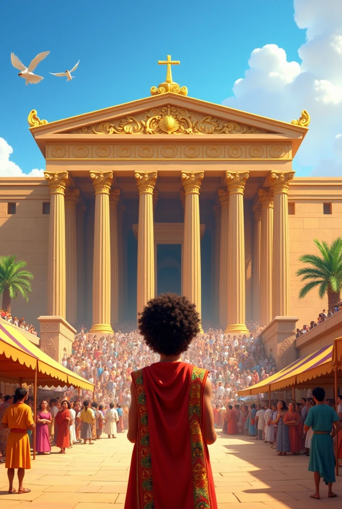 create an image that represents Solomon and the Temple he built from the bible in disney pixar format