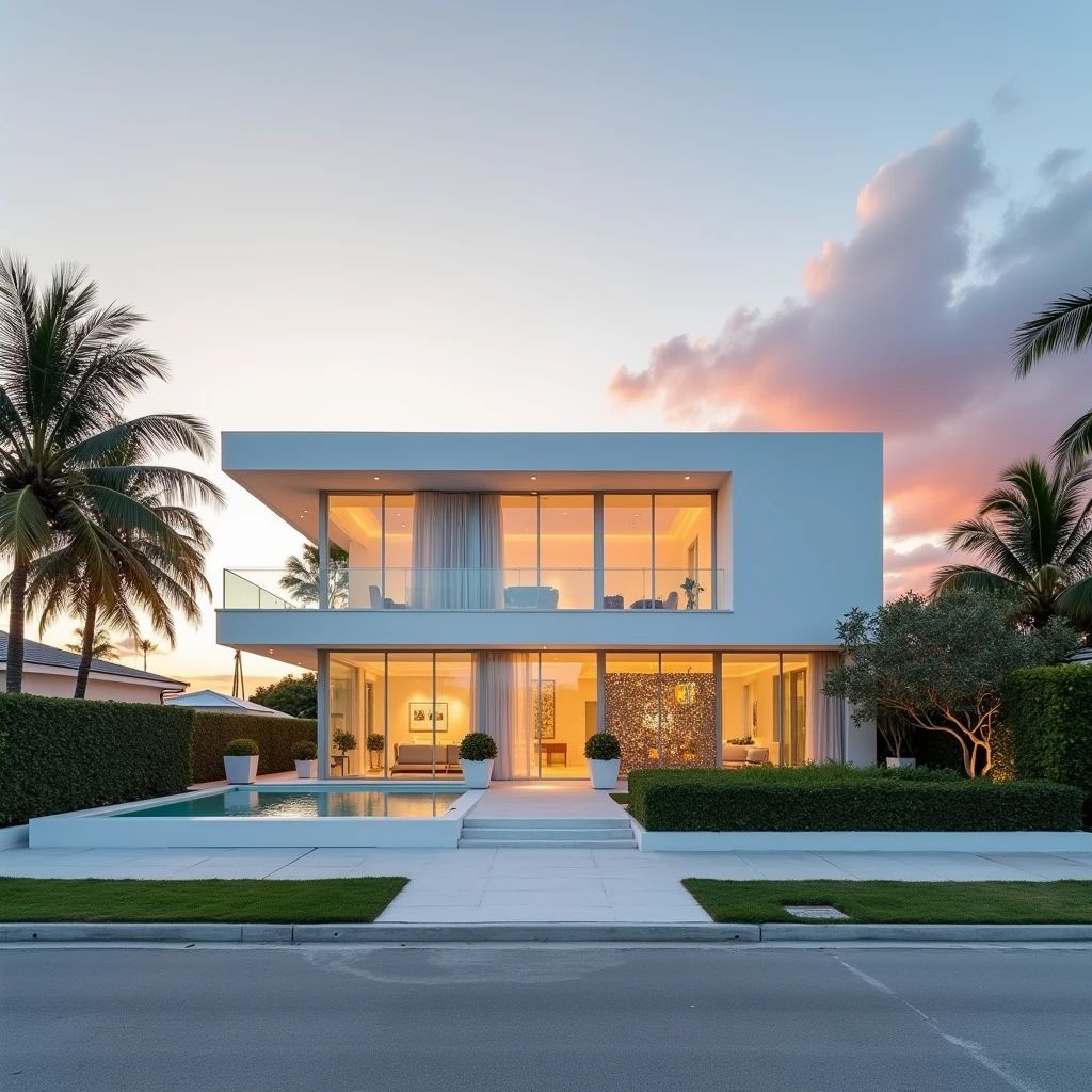 "A minimalist house in South Beach, Miami, designed with a fusion of Alberto Campo Baeza and Fran Silvestre's architectural styles. The house is captured in a perspective view at sunset, showcasing clean, geometric lines, expansive glass windows, and a seamless connection between indoor and outdoor spaces. The structure emphasizes simplicity and light, with smooth white surfaces and minimalist details that highlight the elegance of modern architecture. The warm, fading sunlight casts soft shadows, enhancing the serene and sophisticated atmosphere of the scene."