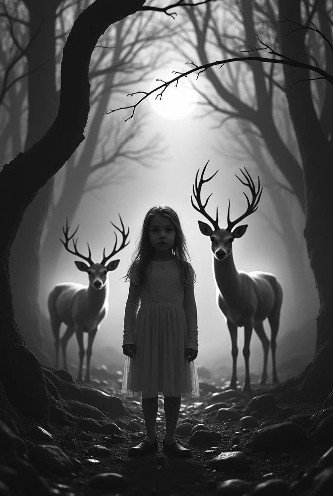 Girl with deer around in a scary forest black and white