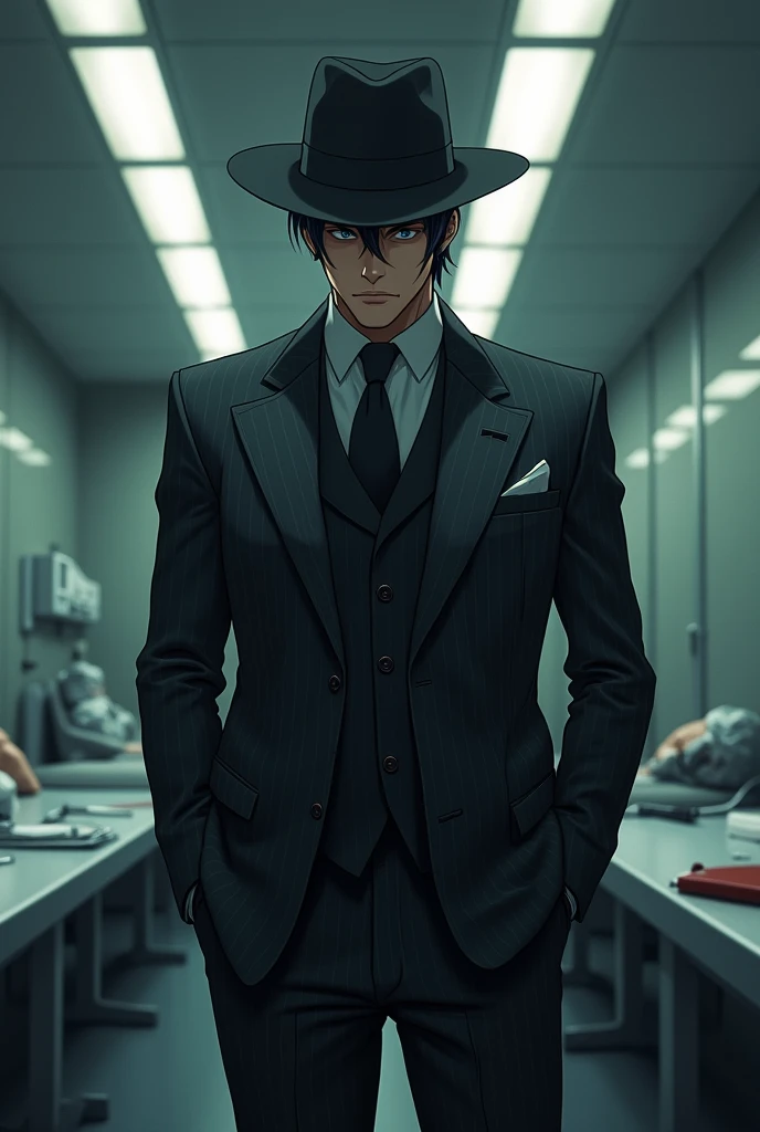 criminologist character with elegant suit and a rancher hat anime man and the background in a morgue