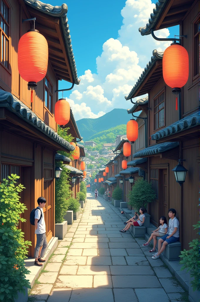 Create a summer greeting image titled 'Refreshing Breeze,' illustrating a charming townscape during a late summer afternoon. The scene should depict narrow streets lined with traditional Japanese buildings, with paper lanterns swaying in the breeze. A few townsfolk can be seen enjoying the shade under the eaves, while a small fountain or water feature adds a cooling effect to the atmosphere. The sky is clear, with soft sunlight casting gentle shadows. The overall mood should be nostalgic and calming, perfect for a late summer greeting.