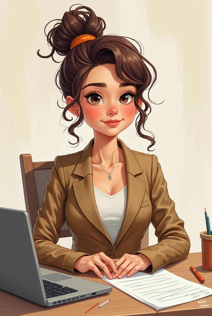 art mignon, art simple , femme, cheveux brun très court, un ordinateur sur un bureau, dessin