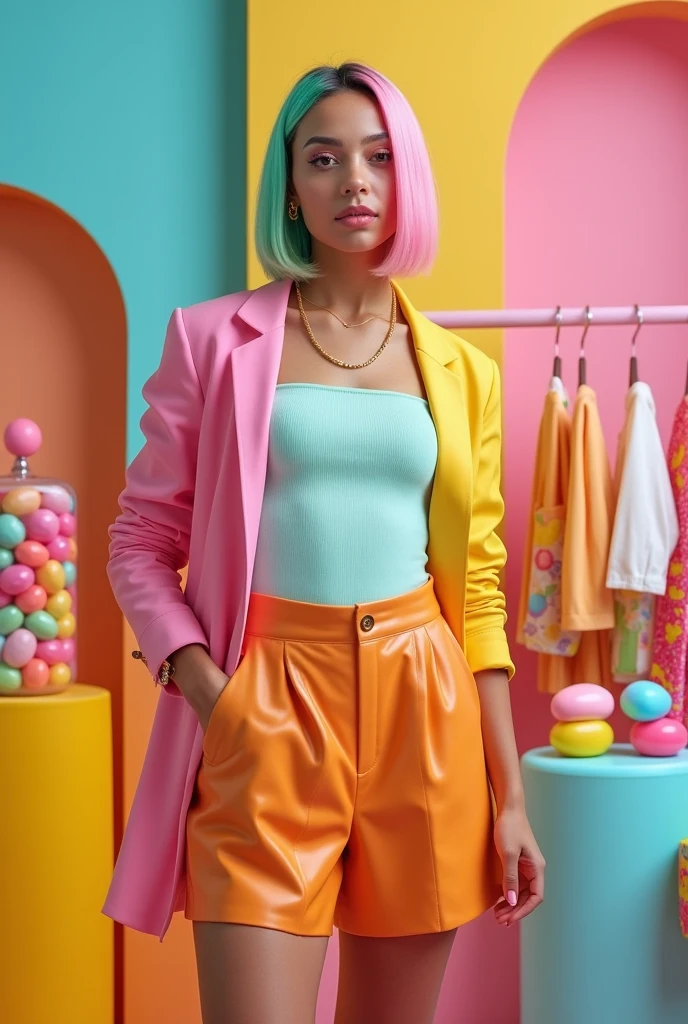 Generates a very modern and fashionable female wardrobe for a character that is inspired by jelly beans