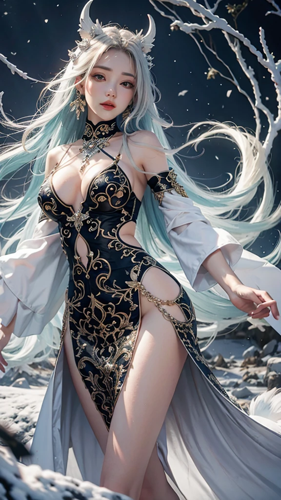 best quality,masterpiece,Ultra-high resolution,photoactual:4：0,Snow,A hot oriental woman,Crystal clear white long flowing hair,White dragon scale head style,Big breasts,thin waist,Bright white dragon scale robe,sideways,Above the waist,Close up