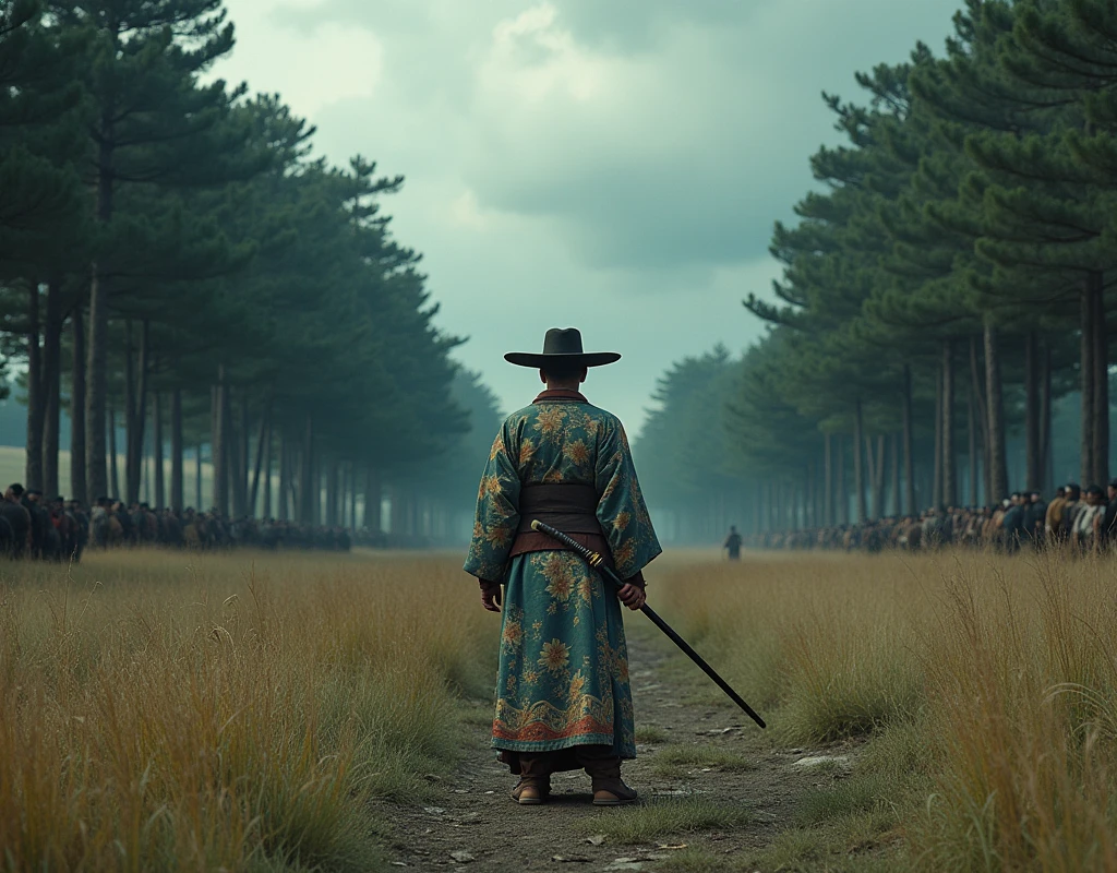 drop shadow, 8k, super detail, best quality, Seven Samurai, kimono, Straw sandals, Tatekatana Break Seven Sheriffs, Cowboy hat, Pistol, wilderness, Showdown, Screen up and down2Split
