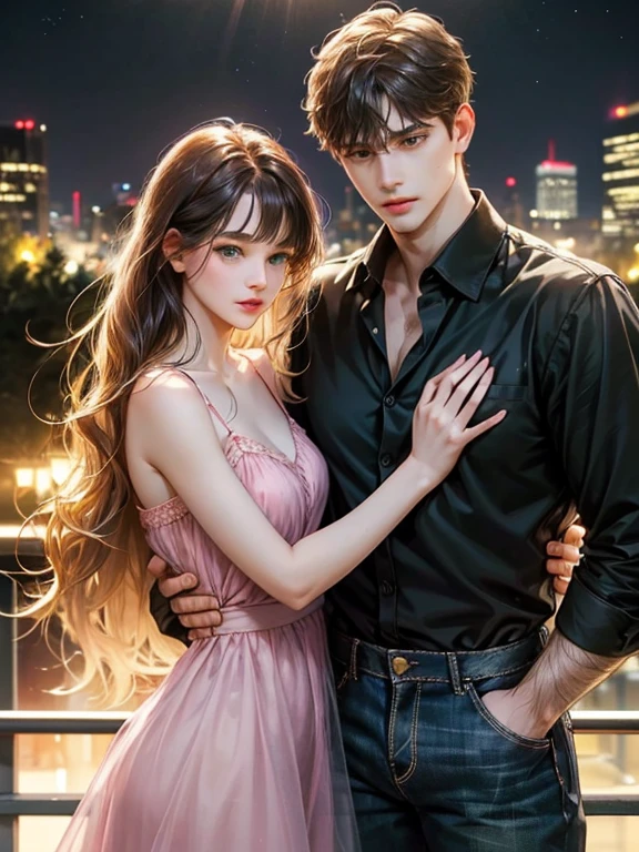 Couple, 1 girl 1 boy, different hair color, long brown wavy hair with bangs and grey eyes, pink sundress, short black hair and (green eyes). Black shirt open and jeans, (black shirt open), long height, detailed eyes, looking the viewer. They hug. Background city at night