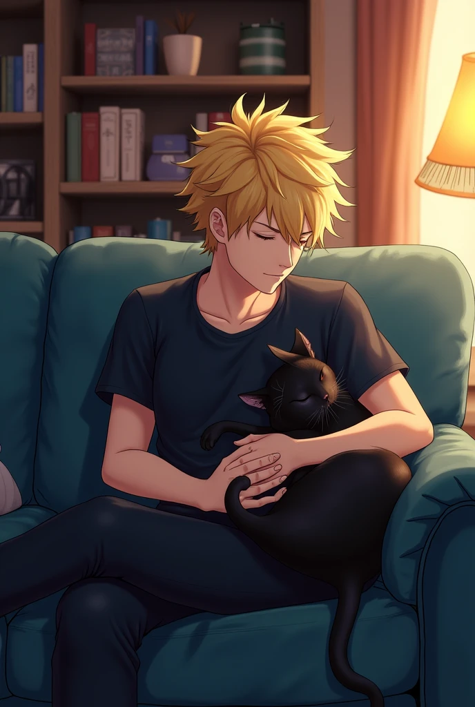Adult Katsuki bakugo sitting on a dark blue couch with a black cat on his lap petting it