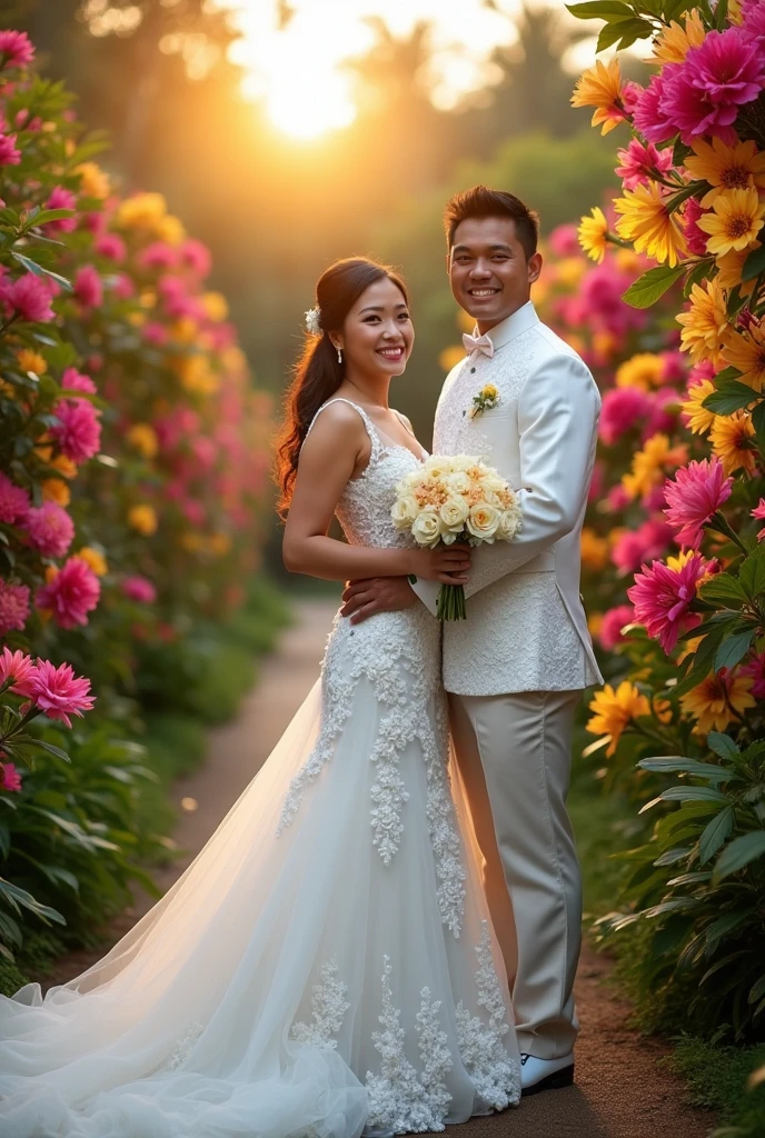Real pinoy couple wearing wedding gown face here look in image with back ground arounding flowers