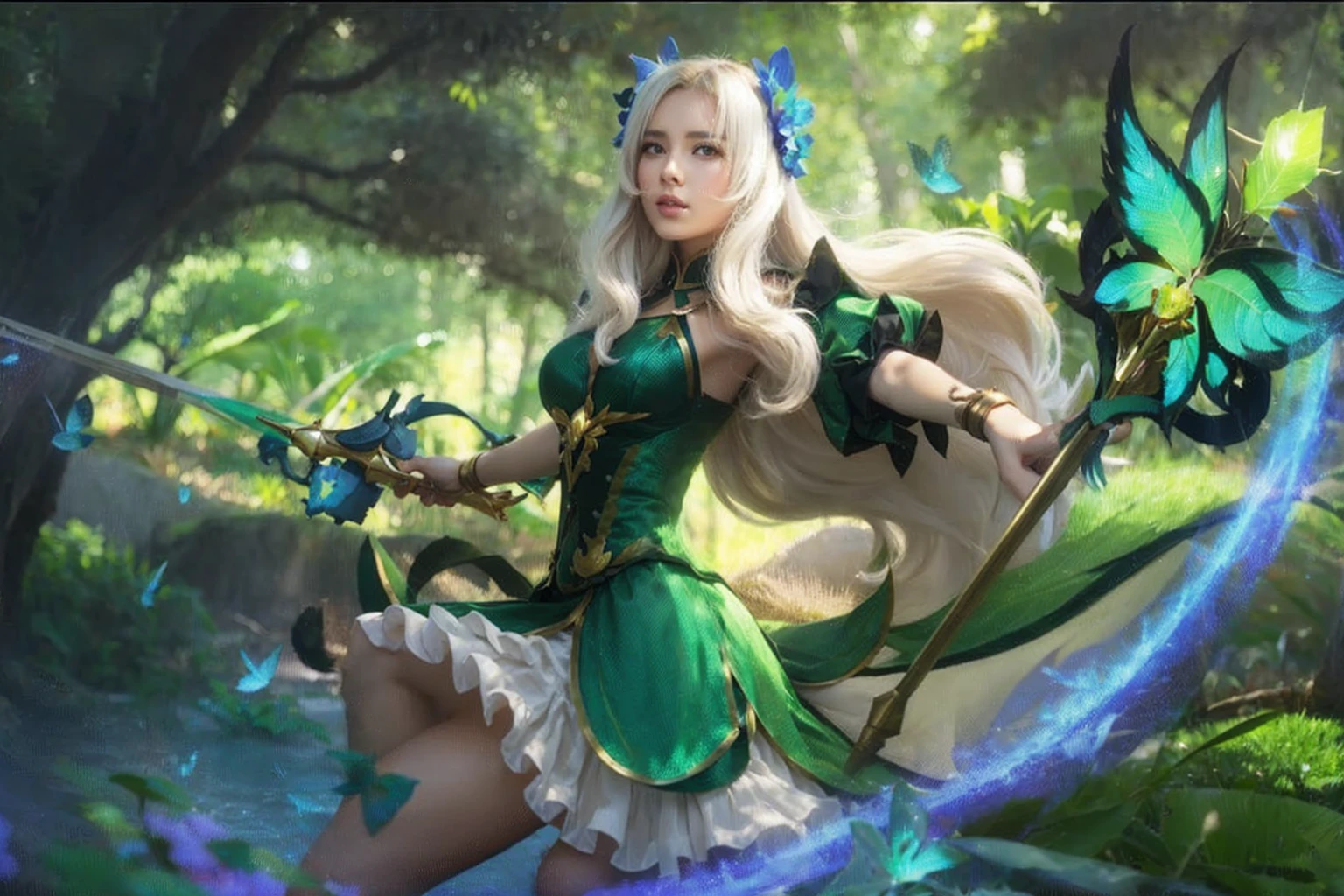 Odette the Mobile Legends: Bang Bang is sitting drinking tea in a beautiful forest with a view of the sea