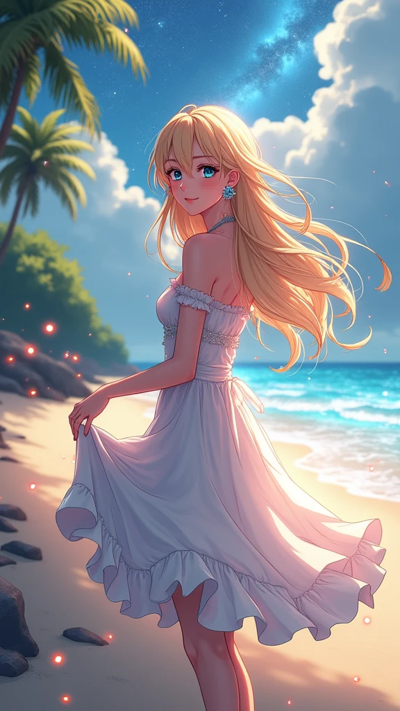 (masterpiece、Highest quality、8k、High resolution)、(The best beautiful girl)、Best Style、(The most beautiful face)、Clear skin、Clean blue eyes、Beautiful lips、smile、Beautiful white upper teeth、Beautiful nose、Blonde Hair、Ample breasts、Walking on the sand、look back、Ocean、You can see the forest、A bright night with stars visible、Beautiful starry sky、full moon、milky way、(体whole bodyから神秘的な光の粒子、Colorful Light)、(jewelry、necklace)、dress、(whole body)、Highly detailed anime art、A complete portrayal、Detailed CG、
