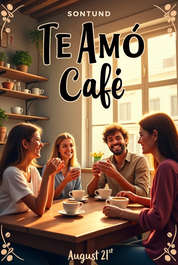 Te amo Cafe grand opening on August 21th with cuppuccino drinking people background hd poster