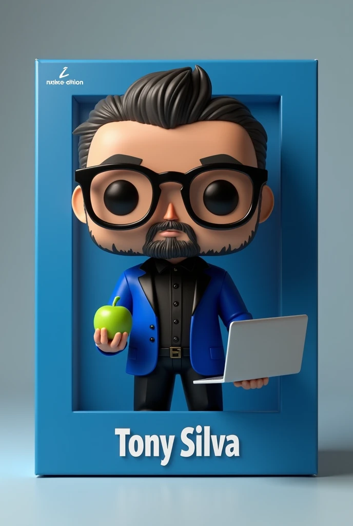 Create a Funko pop of a man with short hair on the sides, black frame glasses, Black long-sleeved shirt with a high collar and a royal blue blazer with a black lapel, black pants, with the beard lock, In his hand he must have a green apple and an open laptop. The Funko must be presented outside of a blue box. "limited edition, that bears the name Tony Silva The box must allow the visualization of the Funko, Typography, The rendering must be in 3D with a photography studio background