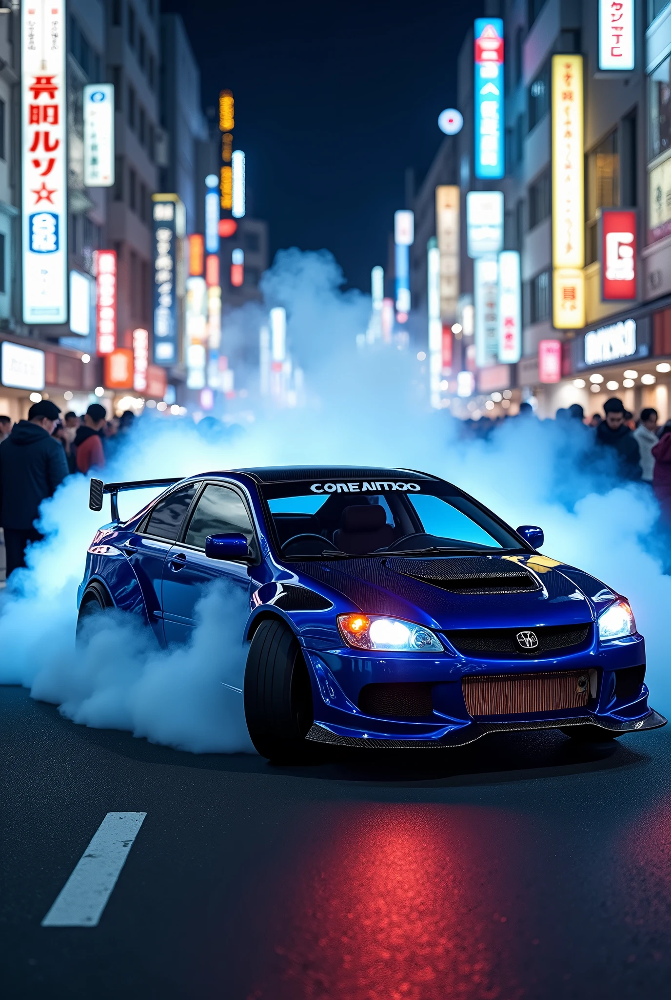 (photorealism:1.2),a man driven the civicferio type(glossy blue)(mugen modified), (random angle view) at nights in tokyo city, very detailed carbon parts, smokes near the tire just like drifting, car lights is on, people taking picture with cellphones