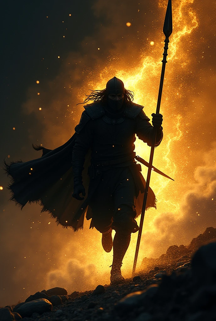((Best Quality)), ((masterpiece)), ((detailed)), ((High Definition)), An aura of a sharp golden-colored ray of magical light, with the black silhouette of a spearman in the center, running forward, with a ray of magic light on his back. With a black background. in anime style.