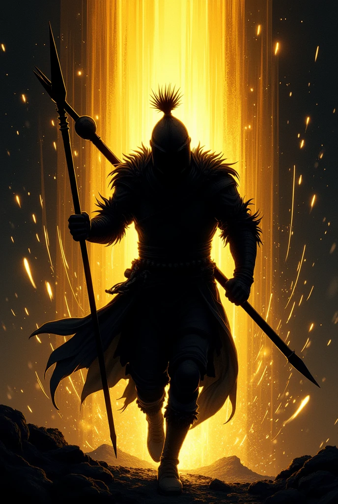((Best Quality)), ((masterpiece)), ((detailed)), ((High Definition)), An aura of a sharp golden-colored ray of magical light, with the black silhouette of a spearman in the center, running forward, with a ray of magic light on his back. With a black background. in anime style.
