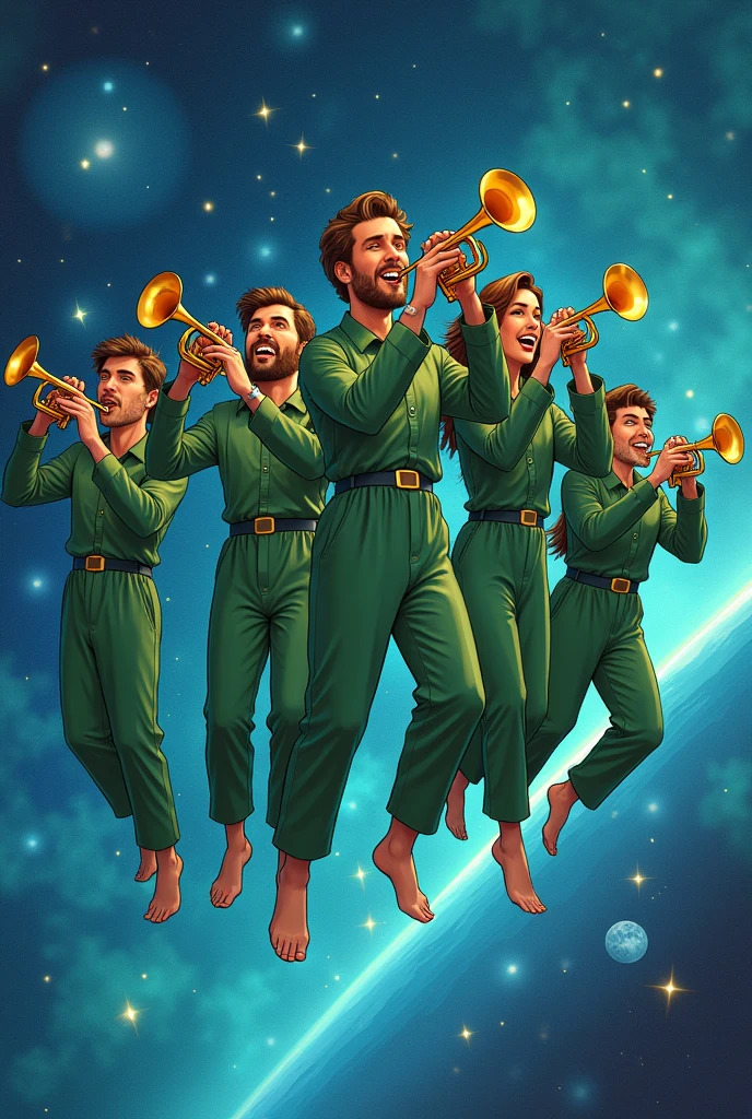 cartoon style refreshing men and women wearing green long sleeved casual jumpsuits background space holding trumpet in hand