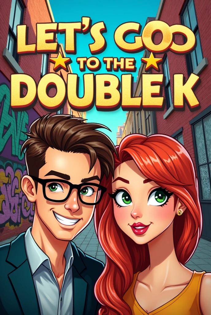 A cover with the title Let&#39;s go to the double K u that shows two men, one with a book hairstyle and the other with glasses, and on the cover in another part it shows two women, one a redhead with green eyes and the other a blonde with brown eyes.