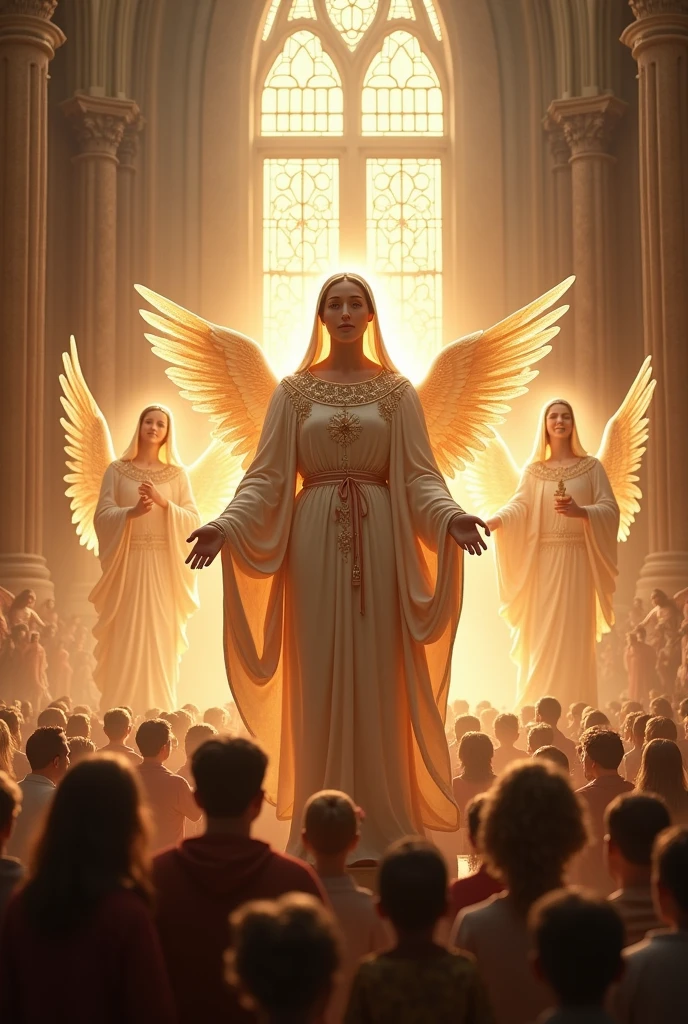 A scene where Saint Rose of Lima is crowned as a saint, with angels around her and the church behind celebrating her canonization. But make Santa Rosa like a statue, but put the people