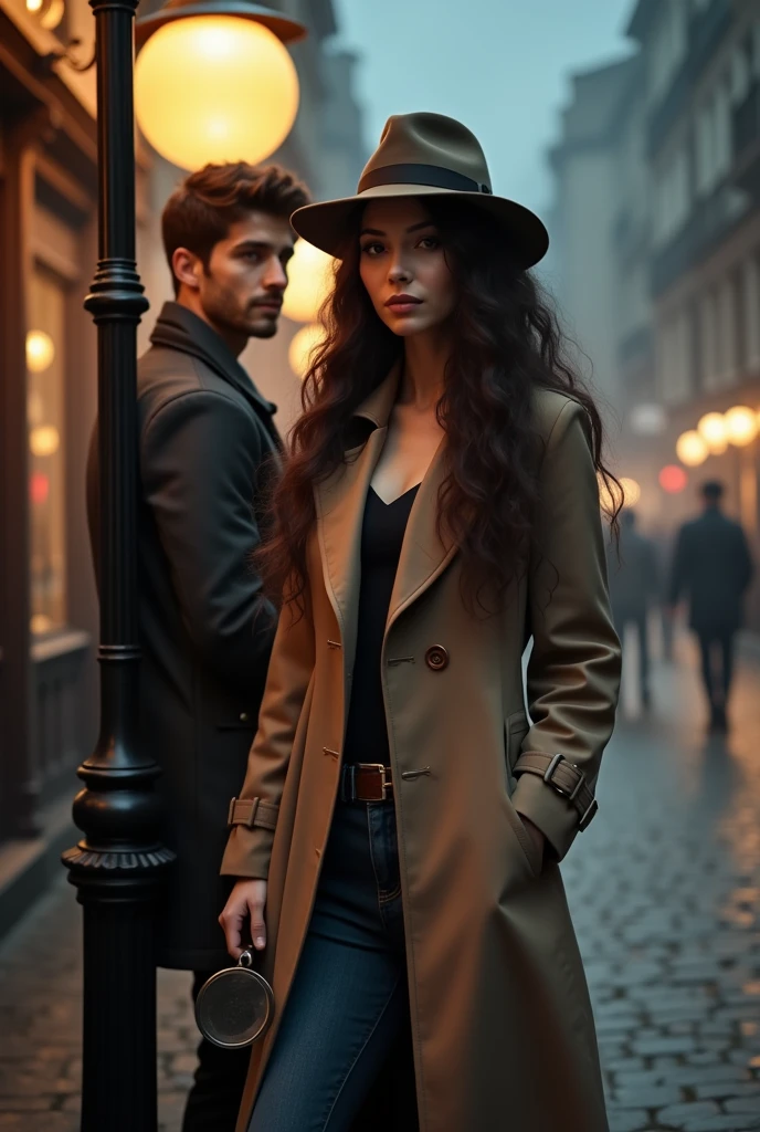 thin woman. long curly hair ,pale ,dressed as a detective,with a magnifying glass in her hand and behind her a very attractive boy