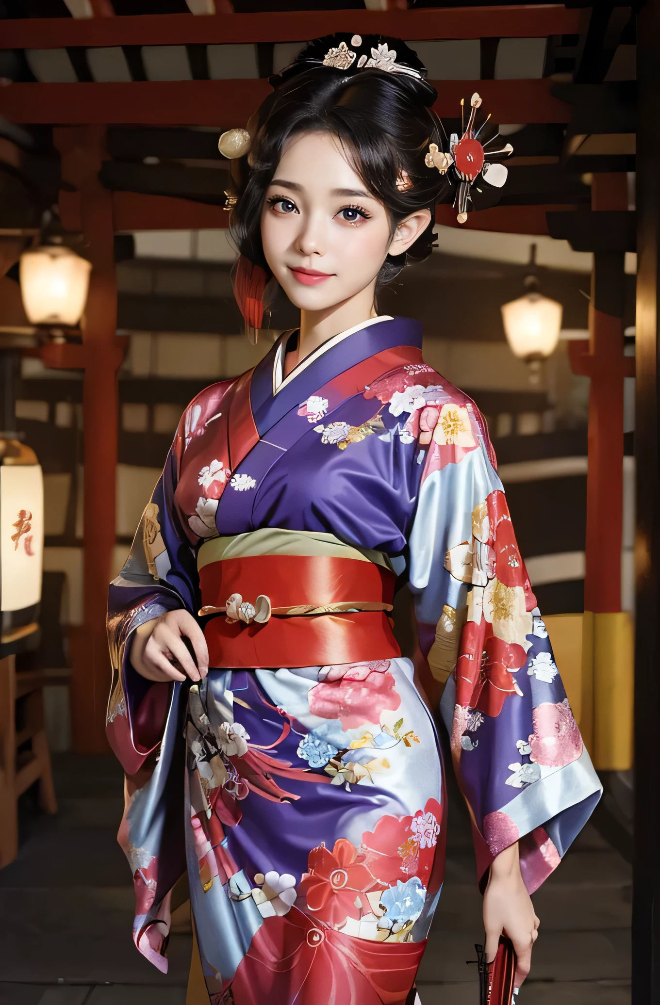 (Very cute girl), (very cute face:1.2),(clear attractive eyes), Beautiful eyes,(smiling), (realistic photograph:1.2),BREAK  (gorgeous flamboyantly colored apprentice geisha costume :1.5),
(apprentice geisha costume :1.4) ,(very beautiful kimono:1.2),
Costume lighting